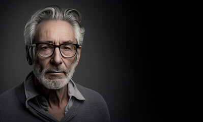 Portrait of a senior man wth an attentive expression on a dark background. Generative AI