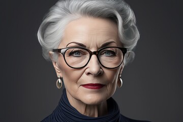 Portrait of a senior woman wth an attentive expression on a dark background. Generative AI