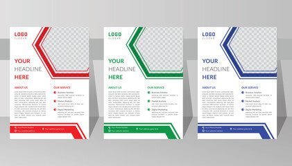 Modern clean Flyer design template vector set for corporate business company in A4 paper size. advertising creative vector illustration page layout. red green blue colors flyer design template.