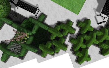 3D illustration of modern landscape architecture. Modular garden with clipped borders in the form of crosses. Background computer rendering of landscape design.