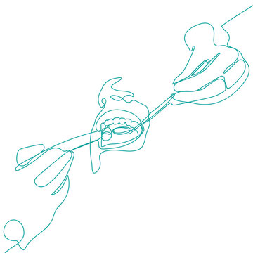 recommend clip art: Continuous vector illustration of dentist, examining patient teeth condition. Medical health care service worker, teeth treatment care concept continuous line draw desig illustration.