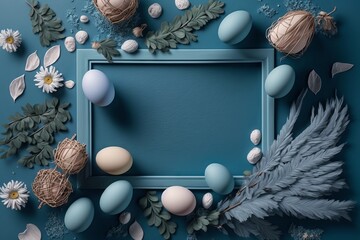 Easter composition. Frame, eggs, flowers on blue background. Flat lay, top view, copy space. Generative AI