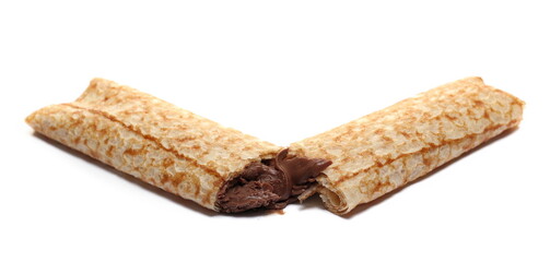 Crepes with chocolate flavour filling isolated on white, side view