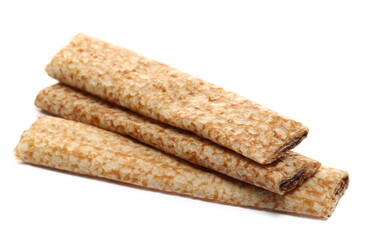 Crepes with chocolate flavour filling isolated on white, side view