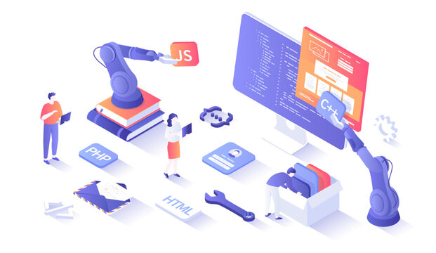 Web Development. Software Engineering and Coding Website Application. Full stack web development. Program code on the monitor screen. Isometry illustration with people scene for web graphic.