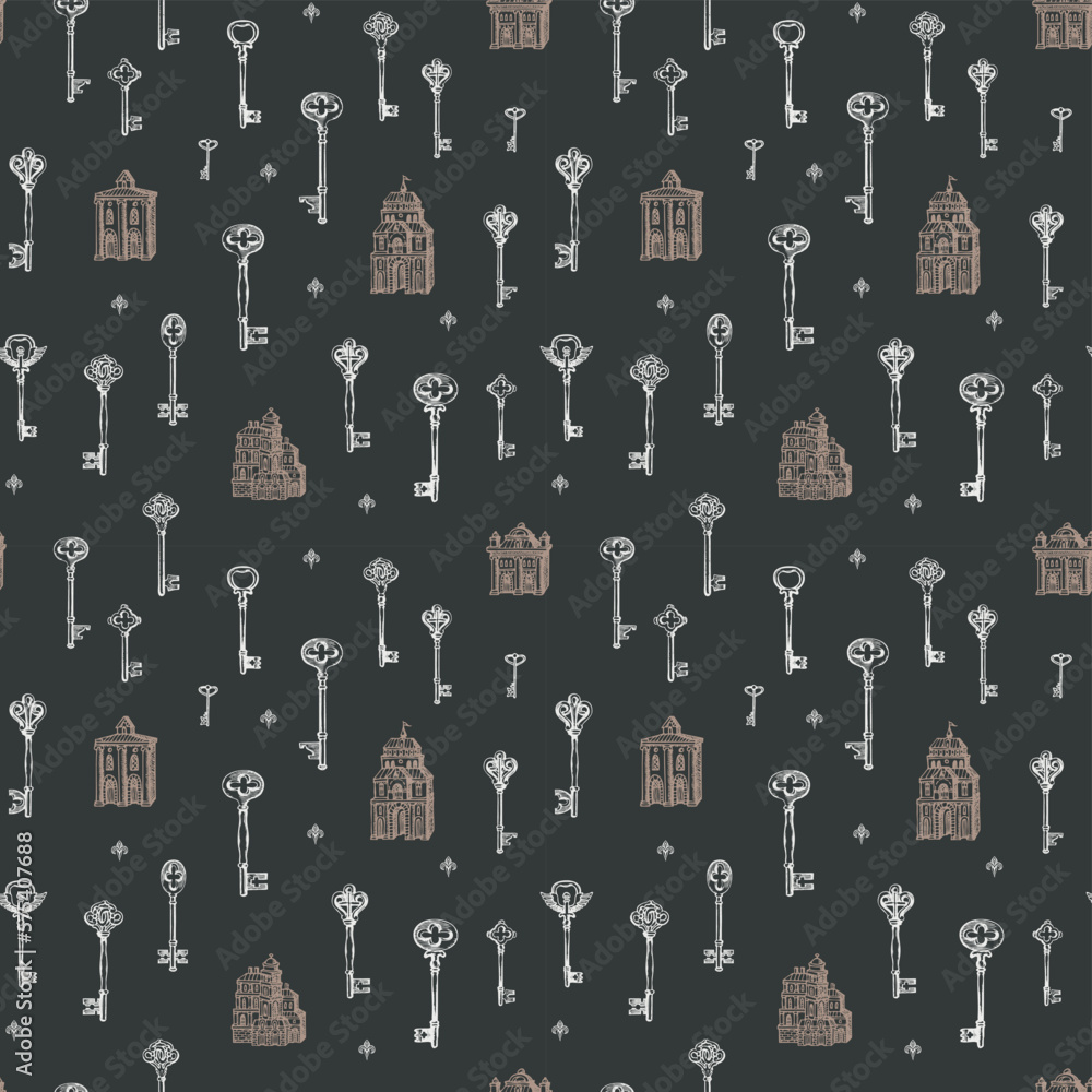 Poster hand-drawn seamless pattern with vintage keys and old buildings in retro style. repeatable vector il