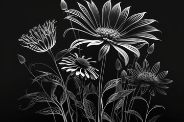Flowers Black and White Art Generative AI Illustration
