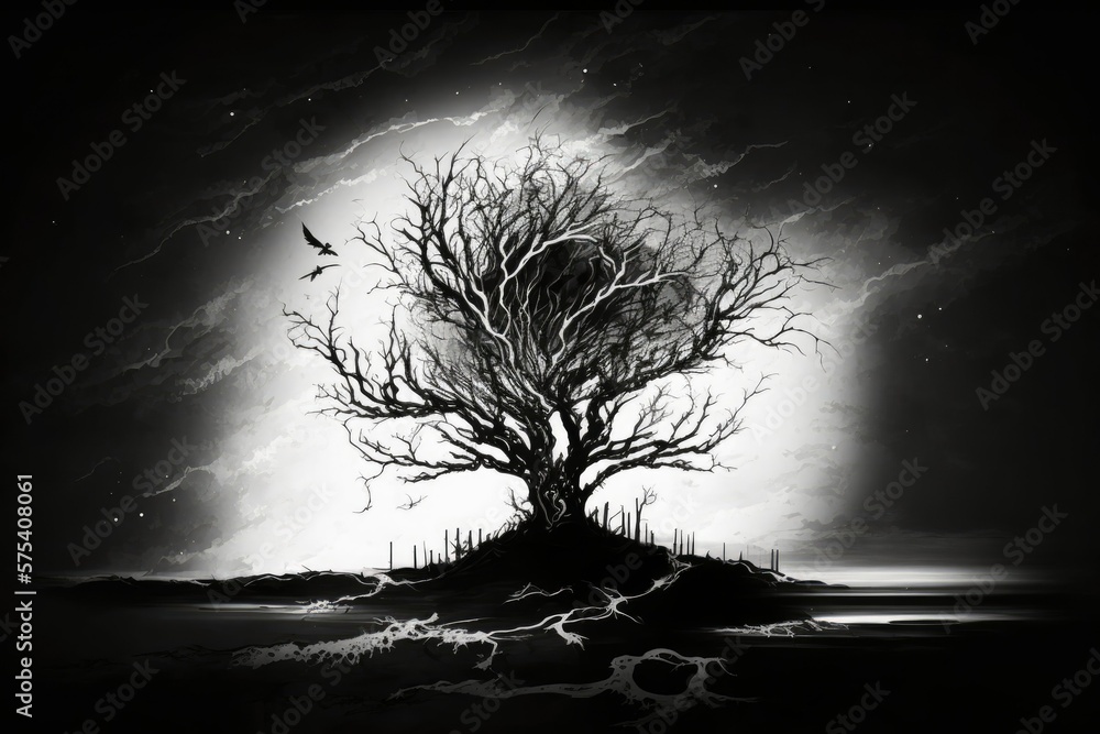 Poster high contrast black and white abstract horror scene with a single, foreboding tree. generative ai