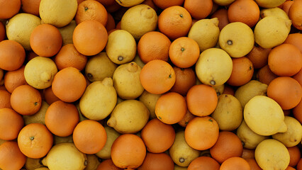 3D render of citrus fruits, oranges and lemons background