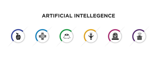 artificial intellegence filled icons with infographic template. glyph icons such as synthetic food, nano sensor, field of view, exoskeleton, artificial atmosphere, smart home vector.