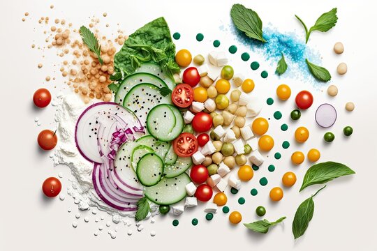 Chickpea, tomato, cucumber, spinach, red onion, and parsley make up a healthy and flavorful summertime Mediterranean salad. Blank, white backdrop with plenty room for text. Generative AI