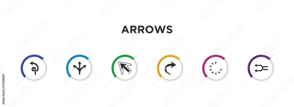 Poster arrows filled icons with infographic template. glyph icons such as spiral arrow, multiply, diagonal 
