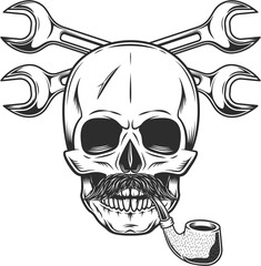 Skull witn mustache and smoking pipe withconstruction plumbing wrench or repair car and truck mechanic service tool crossed spanner vintage illustration