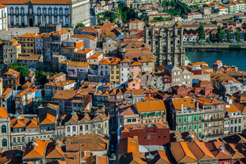 Aerial view of the old orange rooftops in historical center of Porto, Portugal