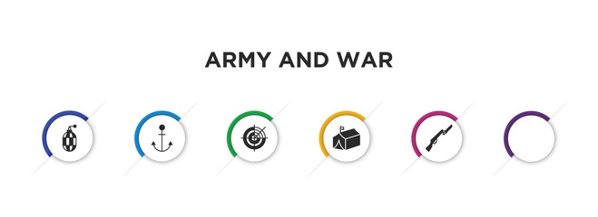 army and war filled icons with infographic template. glyph icons such as whizbang with rong, naval, militar radar, , militar tent, bayonet on rifle vector.