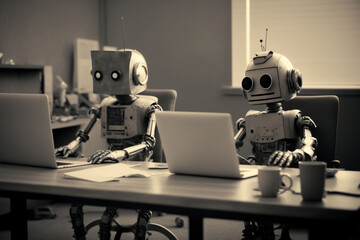 robots working in the office with laptops. future workforce, work automation concpet. generative AI