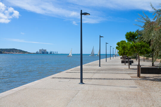 Beautiful modern quay Tagus river in Lisbon, Portugal
