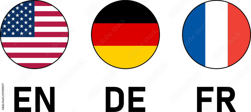 Poster round flag selection button badge icon set with a thin contour or outline including usa, germany and