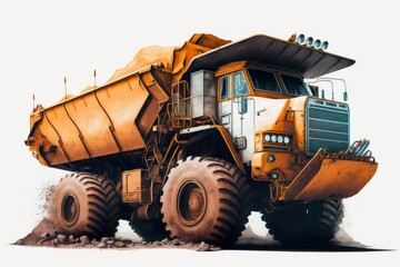 Obraz na płótnie Canvas On the opencast mining, a large dump truck is hauling iron ore. Generative AI
