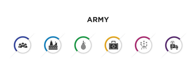 army filled icons with infographic template. glyph icons such as militar, industrial building, grenade, first aid, militar strategy, ambulance vector.