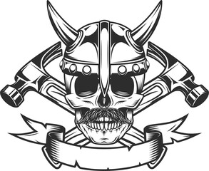 Viking skull with mustache and horned helmet builder crossed hammers from new construction and remodeling house business in monochrome vintage style illustration