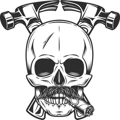 Skull smokig cigar or cigarette with mustache and builder crossed hammers from new construction and remodeling house business in monochrome vintage style illustration
