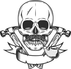 Skull smokig pipe with mustache and builder crossed hammers from new construction and remodeling house business in monochrome vintage style illustration