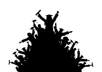 Happy crowd of graduates in square academic caps. Cheerful people silhouette. Graduation day. Vector  illustration.
