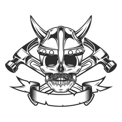 Viking skull with mustache and horned helmet builder crossed hammers from new construction and remodeling house business in monochrome vintage style illustration