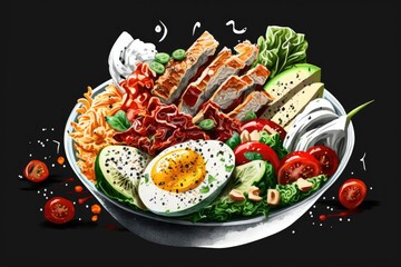 Tossed salad in the Cobb style. Tomato, bacon, grilled chicken, eggs, avocado, and Roquefort cheese on a gray background make up the classic American salad. Generative AI