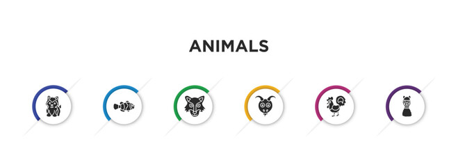 animals filled icons with infographic template. glyph icons such as siberian husky, clown fish, wolf, goat, cock, lama vector.