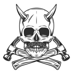 Skull with horn with mustache with builder crossed hammers from new construction and remodeling house business in monochrome vintage style illustration