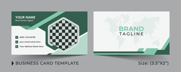 Corporate business real estate agent and modern home sales business card template design with creative vector shape