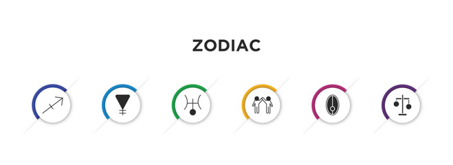 zodiac filled icons with infographic template. glyph icons such as sagittarius, soapstone, uranus, friendship, nitre, inequality vector.