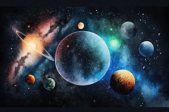 The galaxy and the planets are watercolor paintings. Stars and planets fill a vivid cosmic background. Our solar system's planets and meteorites. Painting in water color. Generative AI