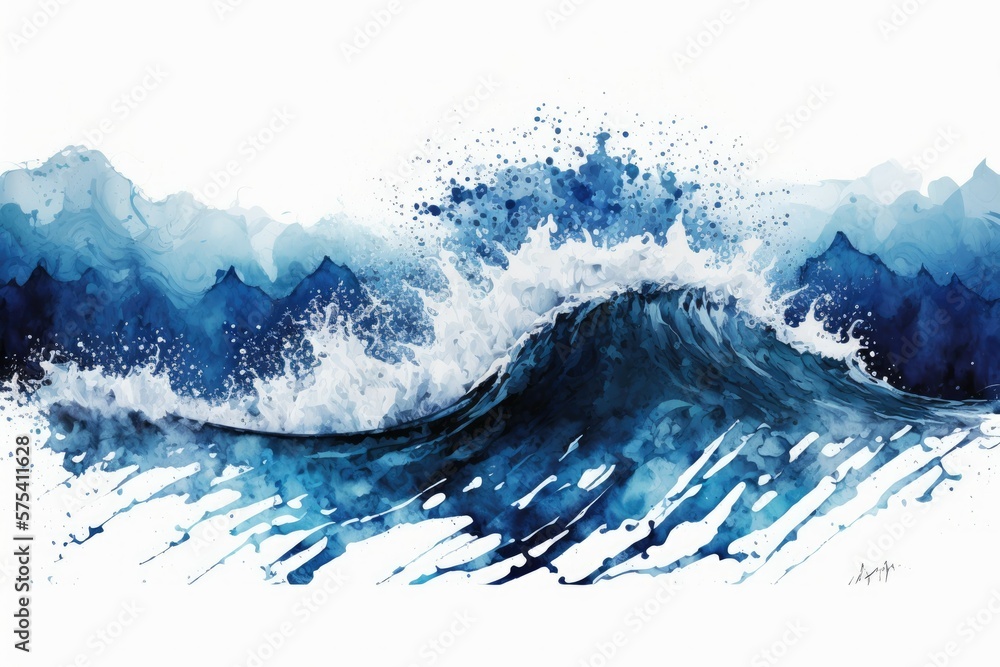 Poster smeared watercolor picture of ocean waves. canvas pattern in the background, stretched out horizonta