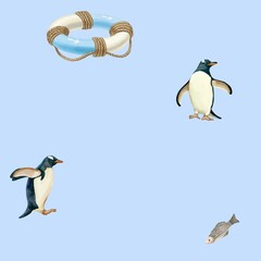 Seamless pattern colored with penguins. High quality illustration