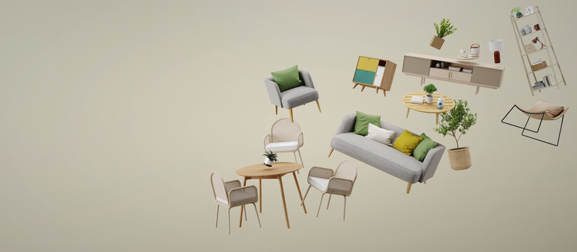 Panorama of furniture flying in background.Concept for selling furniture advertisement.3d rendering