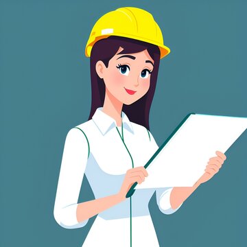 Flat style illustration of female engineer character, female construction worker woman, holding a clipboard, cartoon style. generative ai