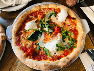 Artisan italian margherita pizza, high angle view