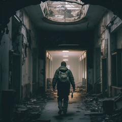Fototapeta na wymiar man inside a destroyed building