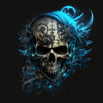 skull in blue fire on black background