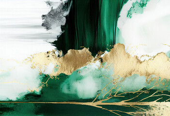 Abstract green oil texture with gold pattern, Generative AI