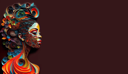 Abstract young woman in quilling art technique. Banner with copy space. Generative AI.