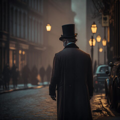 retro man in a suit and hat on the background of the evening city