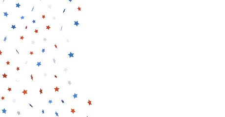 White banner with colorful stars.