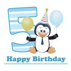 Birthday Card with Penguin Boy. Vector Illustration