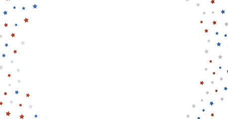 A blue glitter confetti border with red and blue stars on white