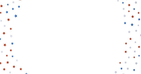 A blue glitter confetti border with red and blue stars on white