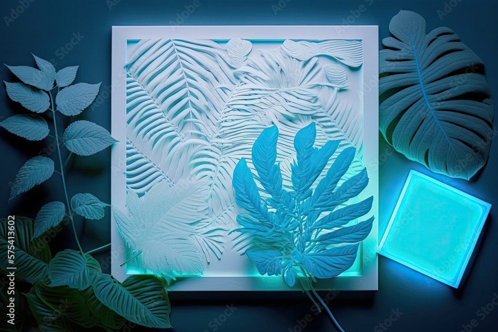 Poster artistic use of fluorescent color scheme using tropical plants and a neon light square. the flat lay